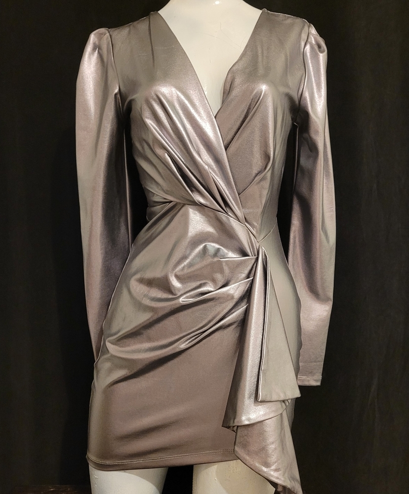 Metallic Mate Dark Silver Long Sleeve Dress